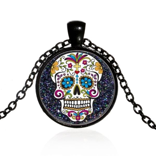 

pendant necklaces mexican sugar skull day of the dead necklace black chain skeleton glass jewelry classic xl152, Silver