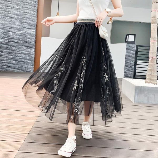 

embroidery stars mesh skirt women sequined skirts girls 3 layers pleated tulle midi skirt 2020 summer casual with chiffon lining, Black