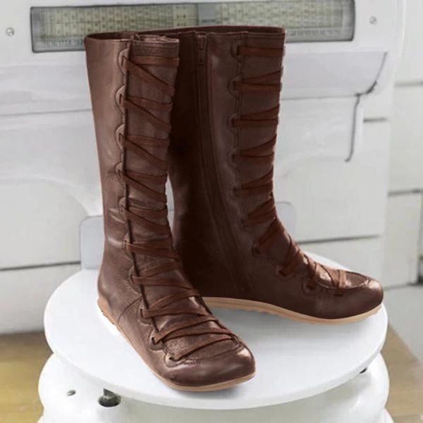 

women retro leather zipper knee-high casual shoes cowboy low-heeled lace-up long boot wild vintage gothic punk style 2020, Black