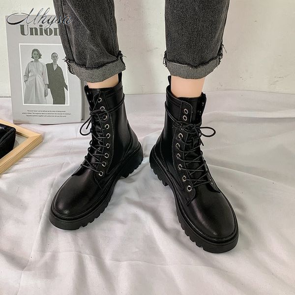 

boots 2021 winter women's fashion lace-up mid-tube comfortable round toe high heel thick bottom pu w136, Black