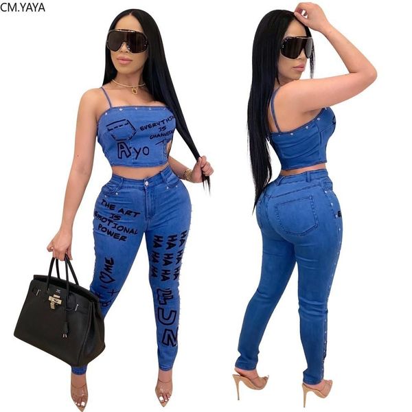 

cm.yaya club party letter print fake jean women set two piece set tracksuits crop jogger sweatpants suit outfit matching set, Gray