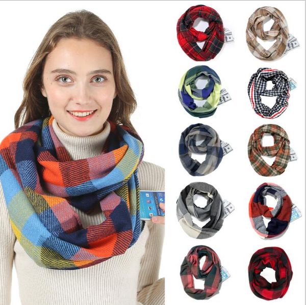 Quente bolso Lenços Invisível Zipper Red Plaid Pashmina Infinito lenço do inverno suave Mulheres Outdoor Viagem scaves Cashmere Pashmina Wraps LSK739