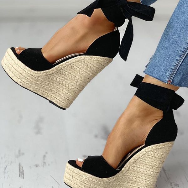 

2020 platform wedges high heels shoes sandals women straw summer party ankle-wrap shoes woman sandals, Black