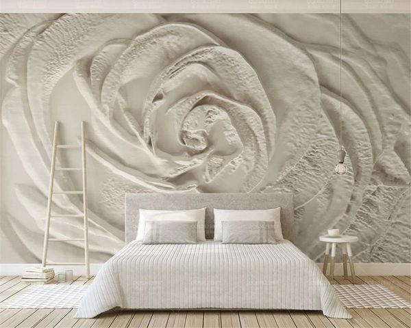 Carta da parati 3D Murale Beige 3d Rose Fiore in rilievo Semplice TV Sfondo Muro Romantico sfondo floreale 3d