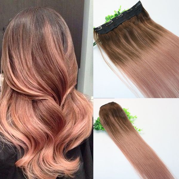 Ombre-Roségold-Rosa mit braunen Highlights, dunkelbrauner Ansatz, einteilige Clip-in-Echthaarverlängerungen, 5 Clips mit Spitze, Remy-Echthaar