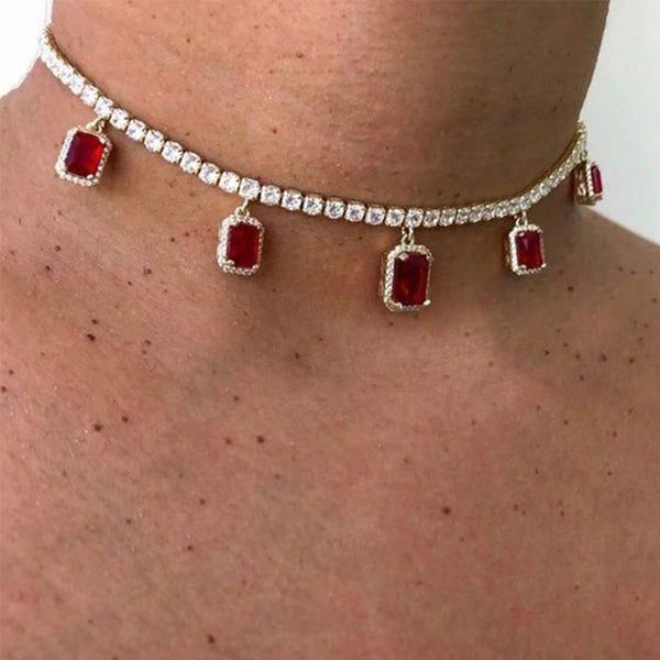 

1pcs women necklaces classic square red gem pendant crystal clavicle chain necklace bohemian wedding party female jewelry, Silver