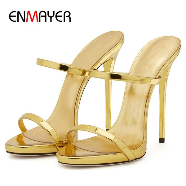 

enmayer luxury shoes women designers patent leather solid summer outside slippers women super high thin heels sandals 34-43, Black