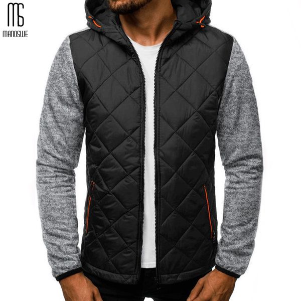 

manoswe fashion casual zipper block plaid hooded 2020 new winter thick warm fleece splice slim cotton outwear coats clothes men, Black