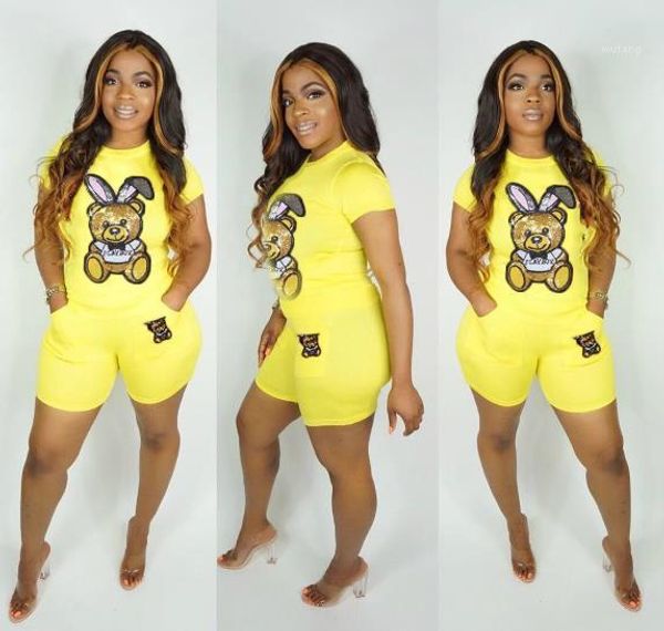 

cartoon sequins tracksuits casual short sleeve tshirts short pants womens designer candy color suits fashion, Gray