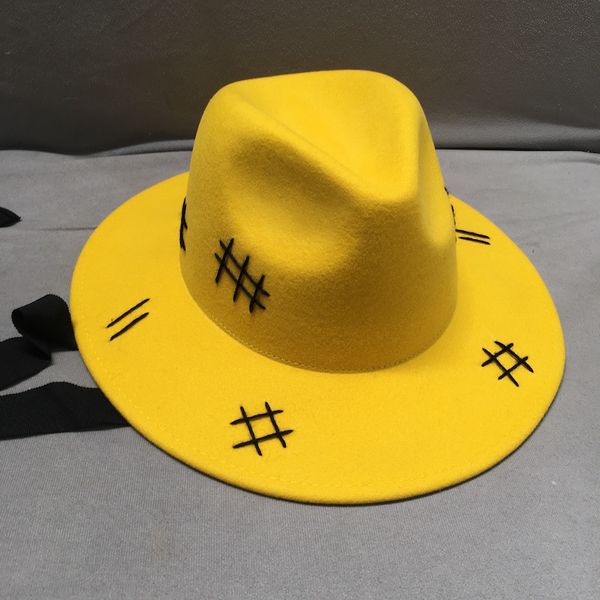 

stingy brim hats 202109-naonao- yellow wool fabric custom autumn winter long ribbon lady fedoras cap men women leisure panama jazz hat, Blue;gray