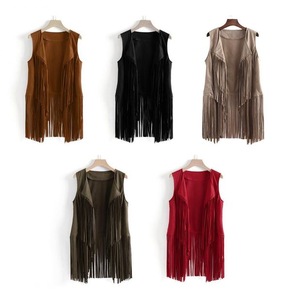 

women vest sleeveless leather jacket motorcycle vest autumn winter imitation ethnic suede tassels fringe cardigan, Black