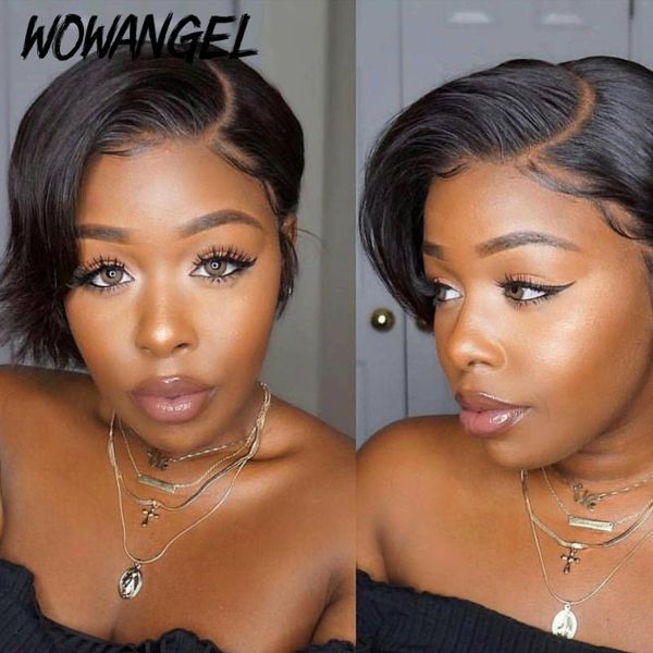 

wowangel 150% pixie cut wig lace closure human hair wigs natural color preplucked hairline bleached knot r, Black;brown