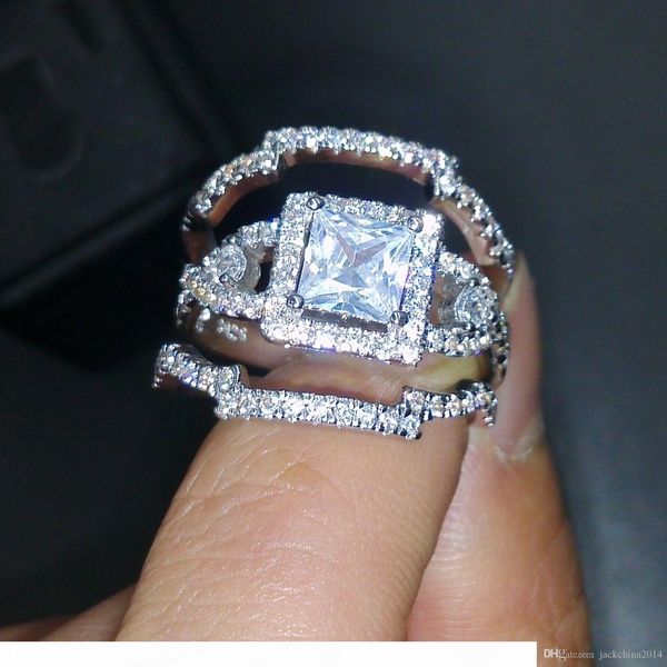 

vintage professional jewelry princess cut 925 sterling silver filled white sapphire simulated diamond 3 in 1wedding engagement band ring, Slivery;golden
