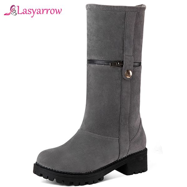 

lasyarrow fashion 2020 flock women winter shoes thick med heel mid calf boots black gray red brown booties woman plus size 34-52
