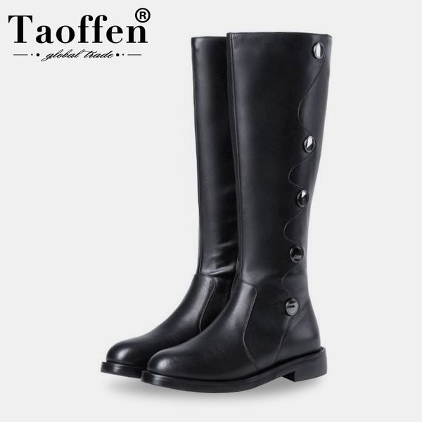 

taoffen real leather women knee high boots flats zipper round toe motorcycle boots winter footwear size 34-39, Black