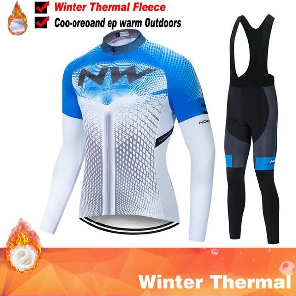 

2020 nw team winter thermal fleece cycling clothes men long sleeve jersey suit outdoor riding bike mtb clothing bib pants set, Black;blue