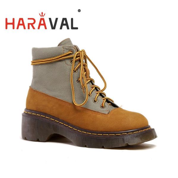

boots haraval women autumn and winter camel leather round toe thick heel flat shoes warm lace-up ankle e70l, Black