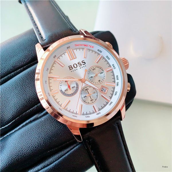 

military full-featured six-hand quartz satch leather strap men classic watches fashion simple business watch all dial work, Slivery;brown