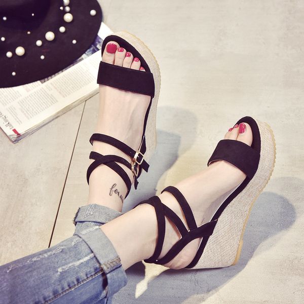 

2020 summer open toe thick bottom slope heel waterproof platform cross belt buckle women's sandals, Black