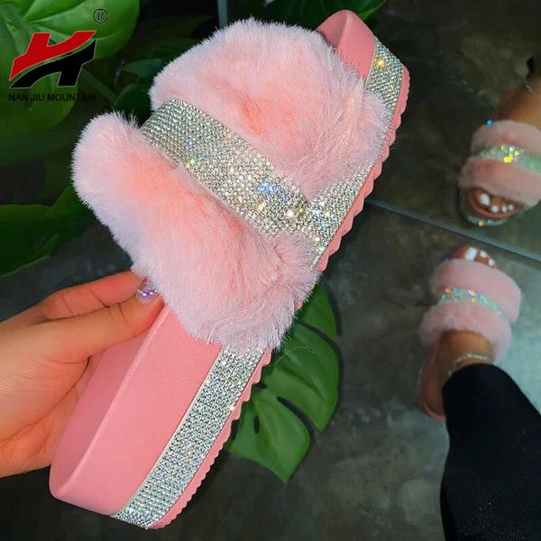 

2020 women's shoes bling bling fur slippers outdoor flat sandals solid color rhinestones fashion plus size, Black