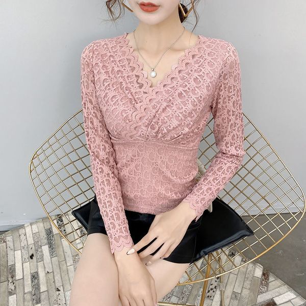 

new autumn thin/plus velvet semi-high neck lace women's stretch versatile body-slimming fashionable immortal hollow out to reduce ag, White