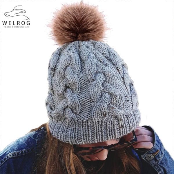 

beanie/skull caps welrog autumn 10cm hair ball skullies simple solid braiding knitting winter outdoor warm double layer thick velvet hat, Blue;gray