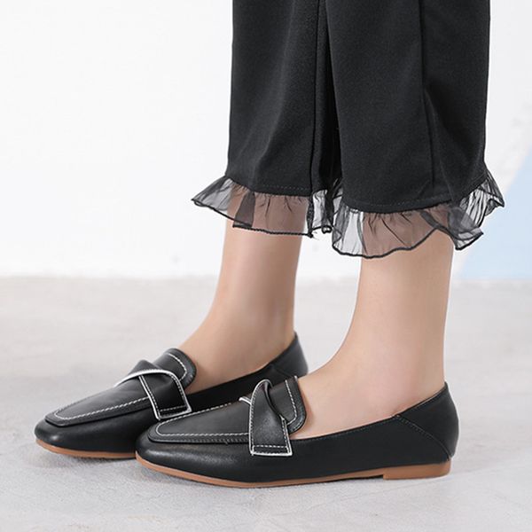 

2020 new women flat shoes square toe slip-on leather shoes woman brogue women loafers office ladies flats, Black