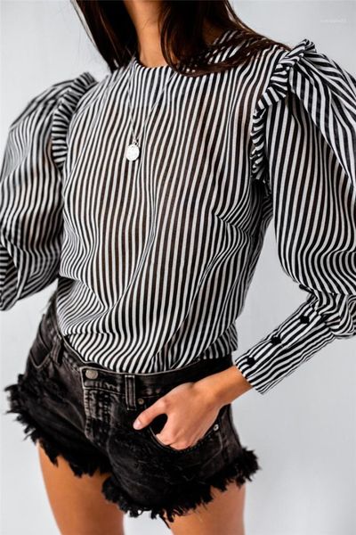 

ins style womens t shirts designer striped lantern sleeve fashion natural color t shirts women clothes, White