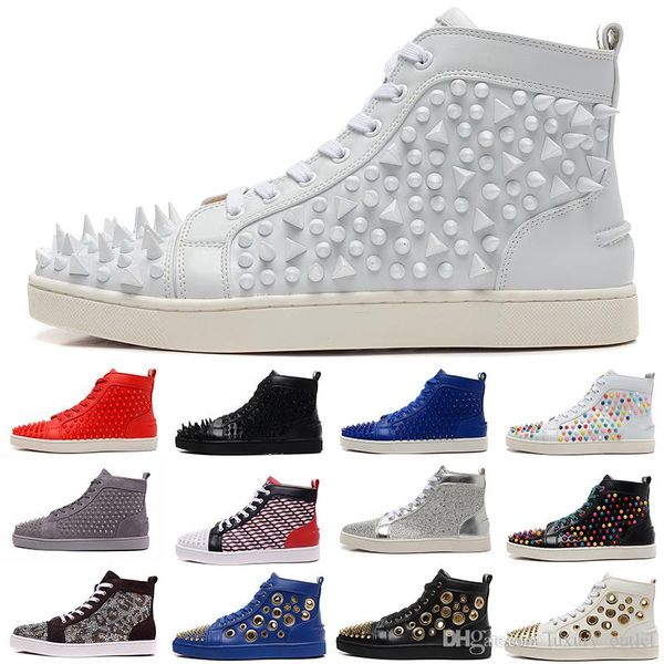 

designer fashion luxury mens red bottoms shoes high sneakers for women ladies genuine leather suede spikes casual flats all white black