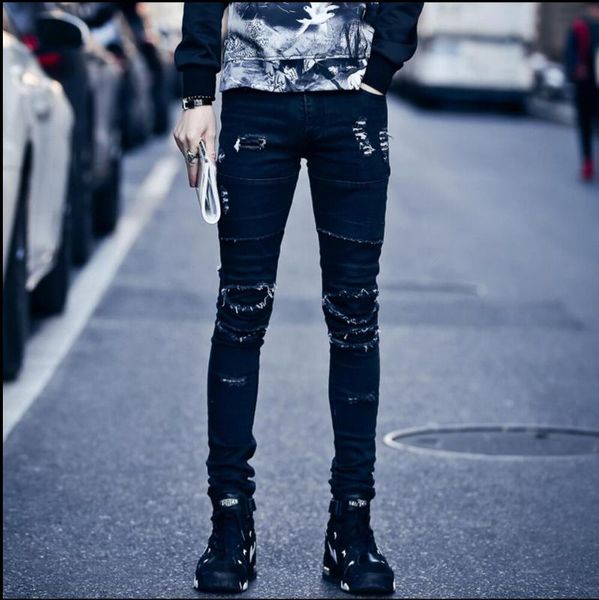 

korean spring tide men slim casual fashion feet pants hole jeans trousers personality nightclub ripped jeans singer costumes, Blue
