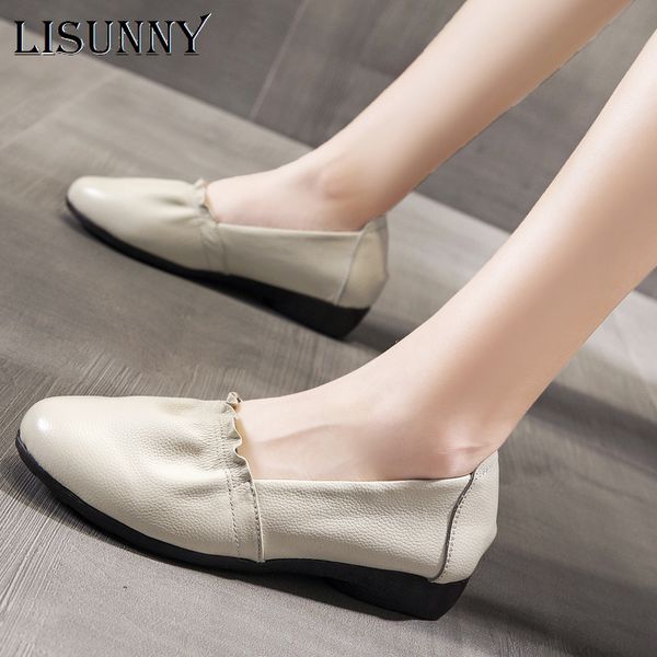 

lisunny genuine leather flat shoes woman loafers cowhide flexible spring casual shoes women flats women work 2020, Black