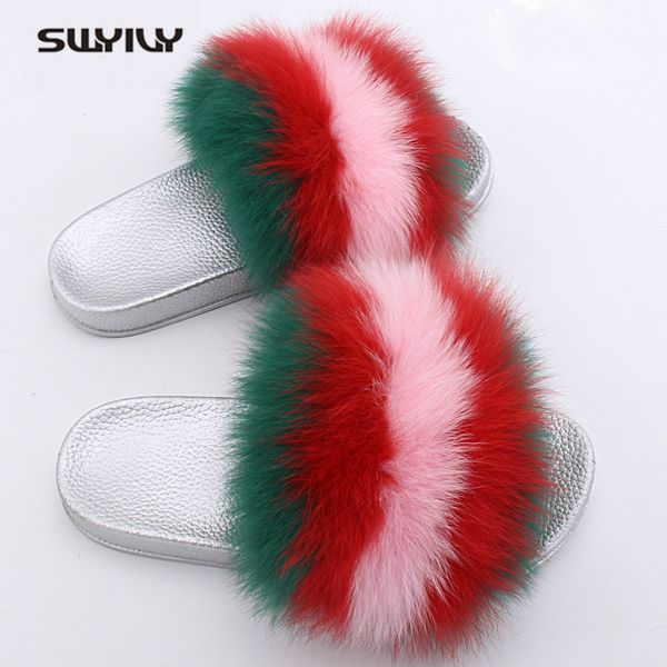 

swyivy natural fur furry slipper women shoes colorful slippers 2020 female casual shoes fashion fuxury slides women 36-43, Black