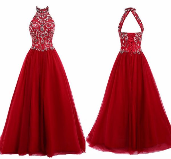 

2021 halter a-line prom formal dresses long crystal beaded red tulle empire waist dress evening wear long homecoming dress cheap, Black