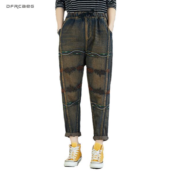 

streetwear vintage embroidery women jeans 2020 spring elastic waist boyfriend casual retro denim straight pants female, Blue