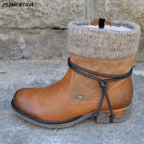 

boots puimentiua knitting women ankle winter warm snow shoes woman pu leather round toe platform ladies, Black