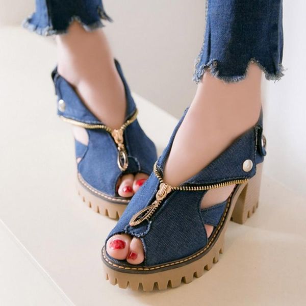 

2020 shoes women summer sandals cuffed denim high heel thick platform fish mouth casual shoes #5, Black