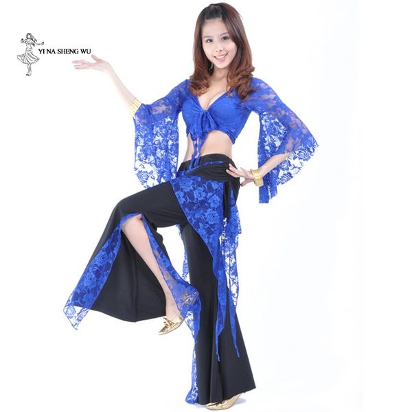 

women belly dance costume set lady dance practice clothes for lace butterfly sleeve dancing clothing pants dancewear, Black;red