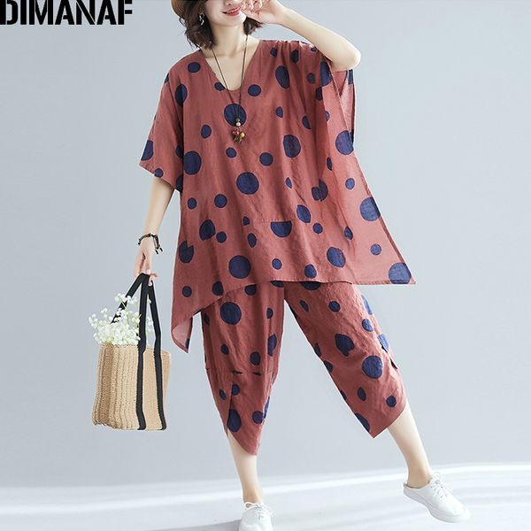 

dimanaf plus size women sets summer big size loose female set suits vintage cotton lady shirt long pants print polka dot, Gray