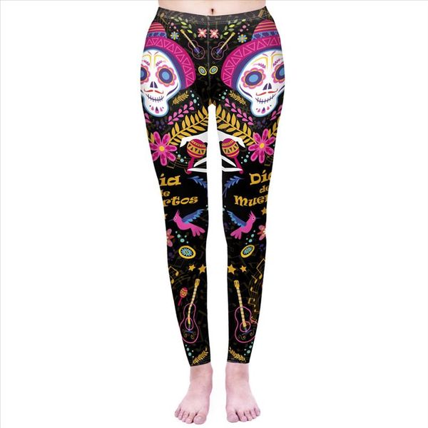 

fashion women legging dia de muertos printing leggins high waist punk leggings workou legins slim fitness pants, Black