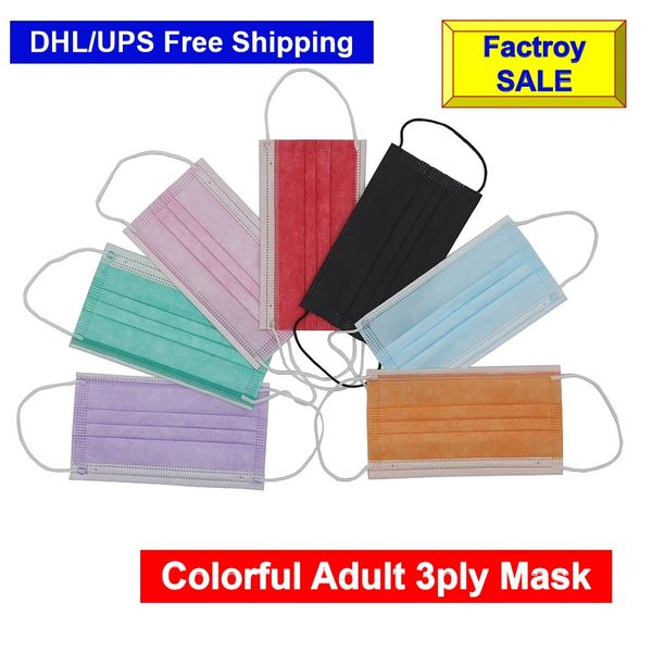 

DHL FREE SHIP!! Factroy Wholesale Adult Mask Disposable 3ply 3 ply Face Mask Colorful 3 Layers Flat Mask DHL Free Shipping