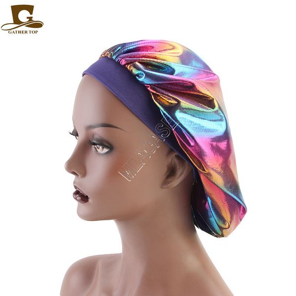 

laser muslim women sleeping turban hat designer wide stretch silk satin breathable bandana bonnet skull cap chemo hats accessories d82702, Silver