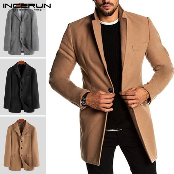 

incerun men long sleeve pure color lapel collar woolen coat autumn winter business style warm medium long overcoat plus size, Black