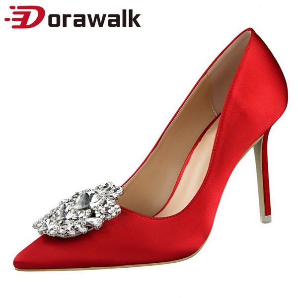 

high heels ladies shoes women pumps stilettos  cm satin diamond buckle red silver party wedding bride shoes big size 11, Black