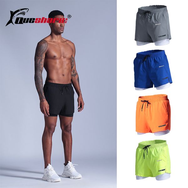 

running shorts men 2 in 1 fake athletics marathon jogging cycling trainig trunks gym fitness basketball reflective shorts, Black;blue