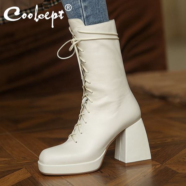 

coolcept real leather women mid calf boots thick high heel platform zipper shoes cross strap warm boots footwear size 34-39, Black