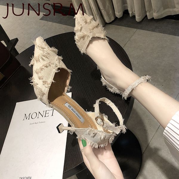 

2020 summer women dress shoes high heels sandals ankle strap pumps pointed toe wedding shoe ladies shoes zapatos mujer plus size, Black