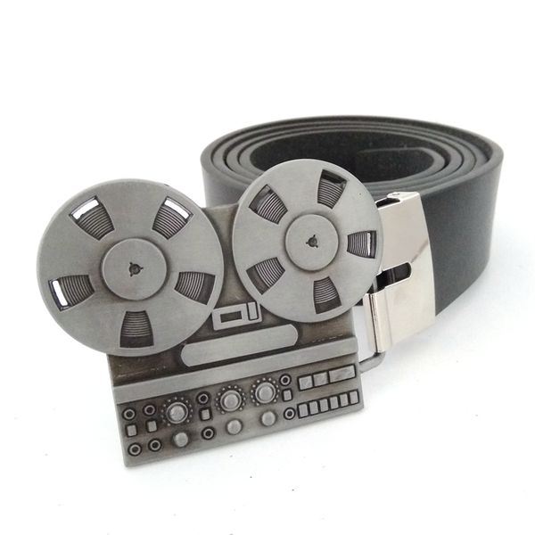 

belt men faux leather man belts 130 cm with music series reel to reel recorder metal belt buckle vinatge belts for men, Black;brown