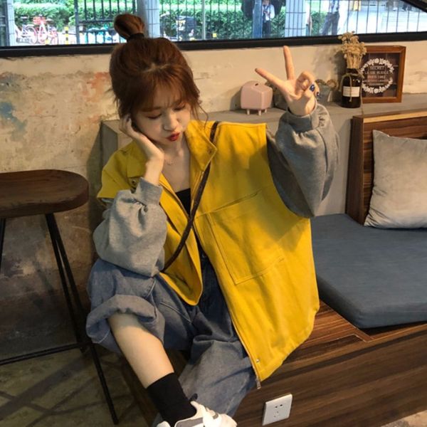 

women's spring autumn fashion solid color stand-up collar loose zipper long sleeve coat top, Black;brown