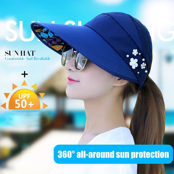 

foldable sun hats for women wide brim uv protection summer beach hats for camping travel -opk, Blue;gray