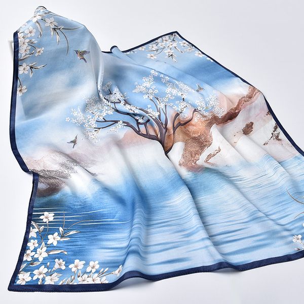 

hangzhou silk square neckerchief scarf 65*65cm silk kerchief wraps for ladies printed bandana 100% real square neck scarves, Blue;gray